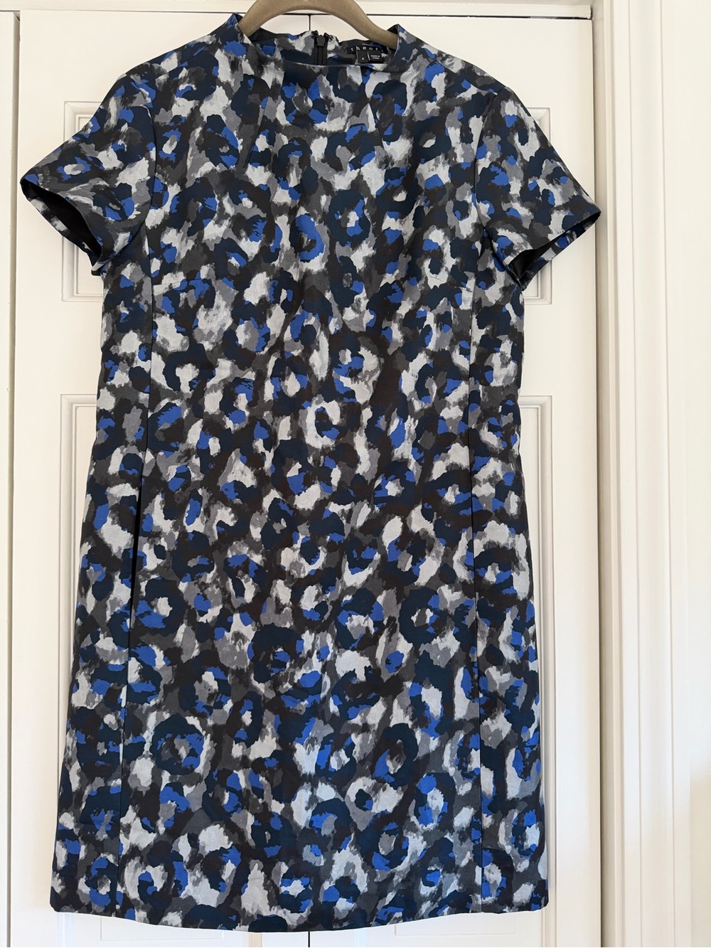 Theory Blue and Gray Leopard-Print Short Sleeve Shift Dress